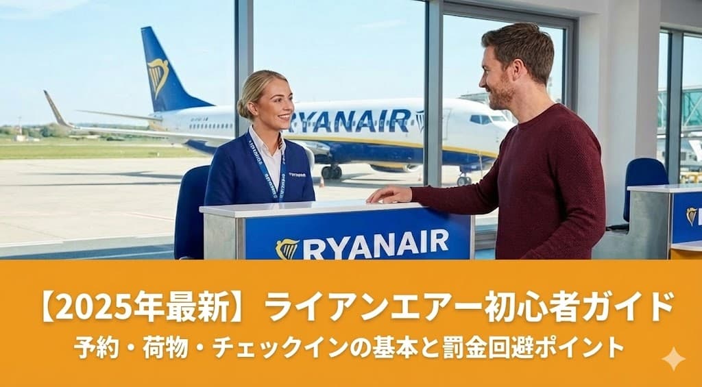 ライアンエアー（Ryanair）の飛行機の背景にスタッフと旅行者｜ヨーロッパ格安航空の初心者ガイド用
