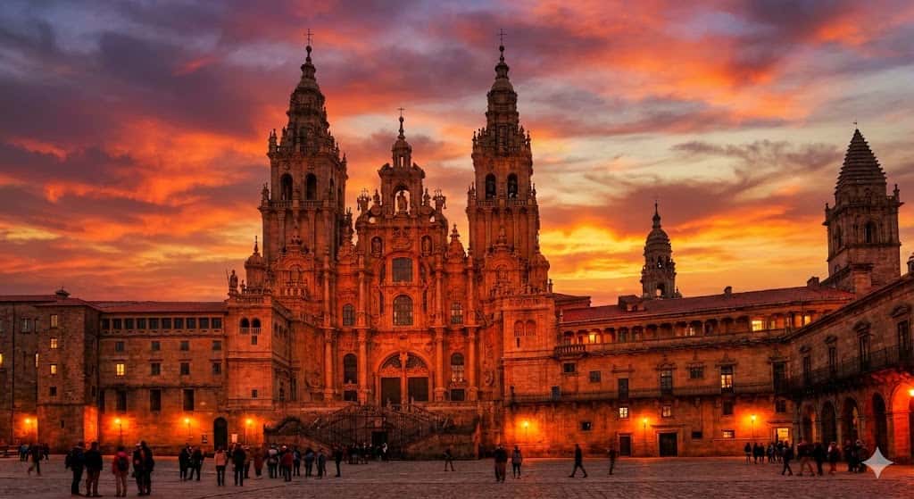 夕暮れ時のサンティアゴ大聖堂とオレンジ色の空