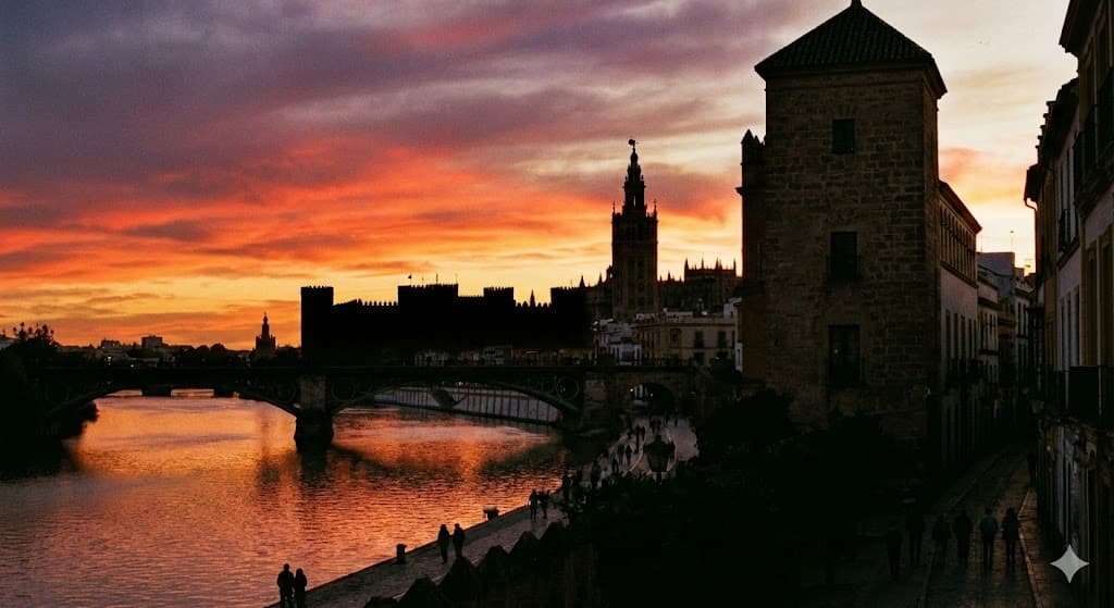 夕焼けに染まるスペインの街並みとシルエットになった建物