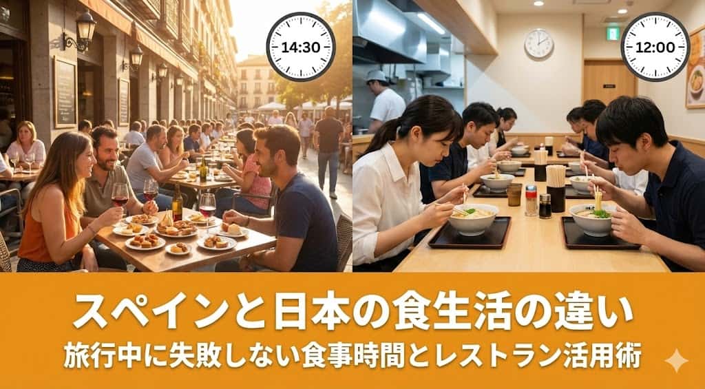 お昼の時間が違う日本とスペインの比較図