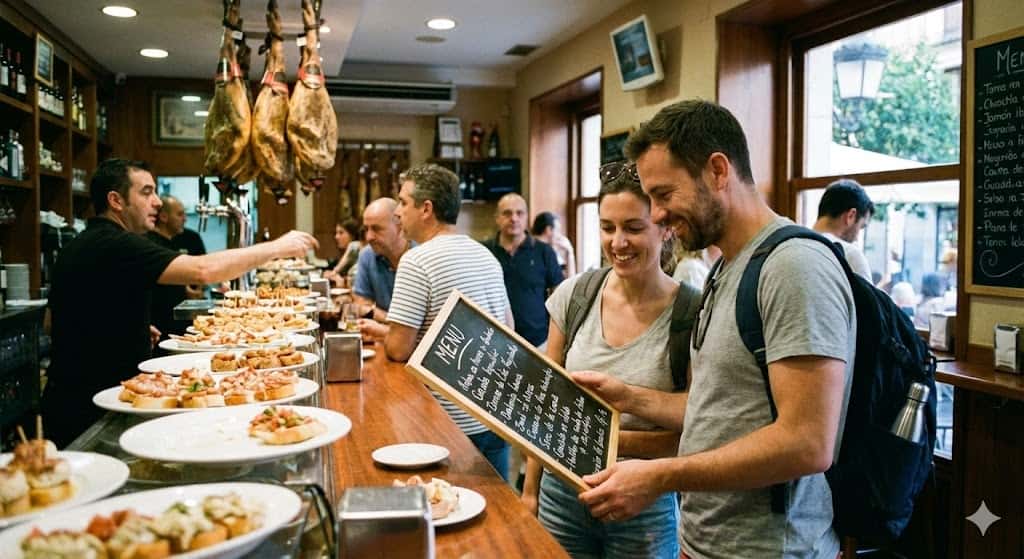 スペインのバルでメニューを見る観光客の様子