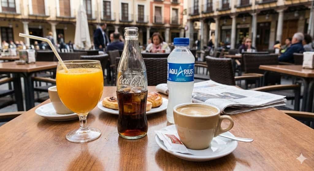 オレンジジュースやコーラ、アクエリアス、カフェコンレチェなどのドリンクがテーブルに並んでいる