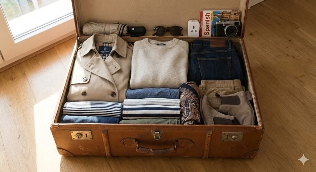 3月のスペイン旅行に持って行きたい服や小物を詰めたスーツケース