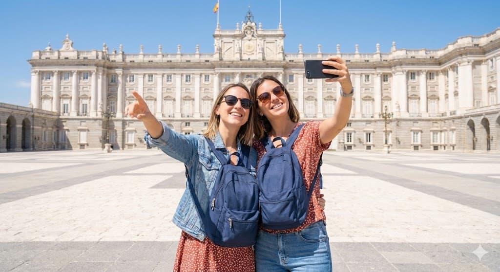 マドリード王宮前で写真を撮る旅行者。観光スポットで荷物管理が必要