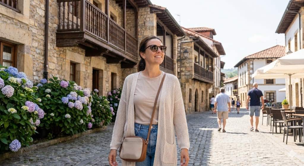 北スペインの夏に薄手のカーディガンを羽織って街歩きをする女性旅行者