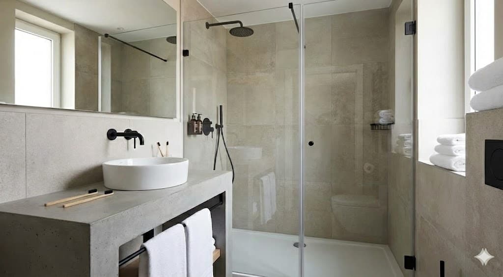 ヨーロッパのホテルのシンプルな洗面台とバスルームの様子