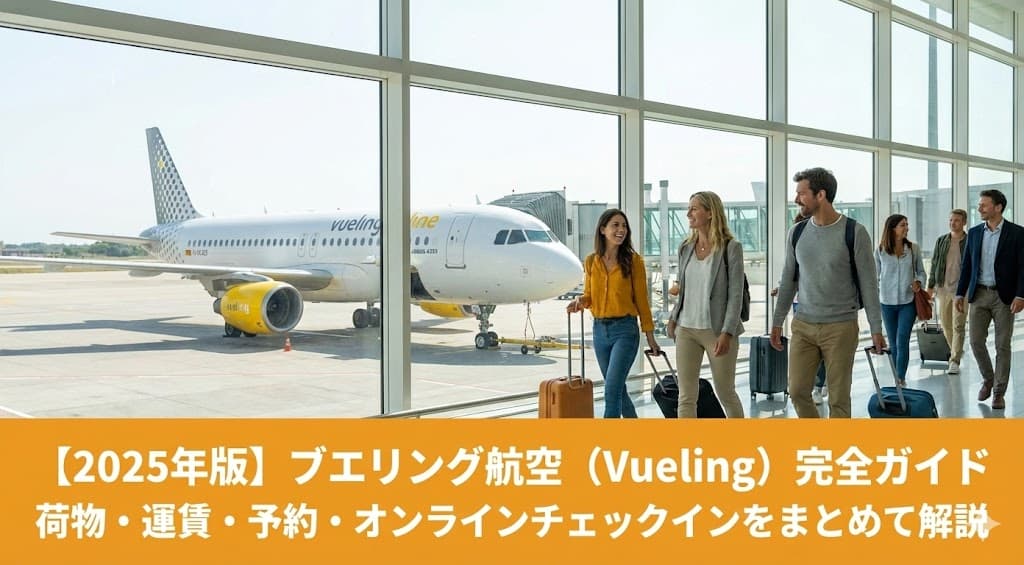 ブエリング航空の完全ガイドを紹介するためのアイキャッチ画像。Vuelingの飛行機に乗る前の乗客