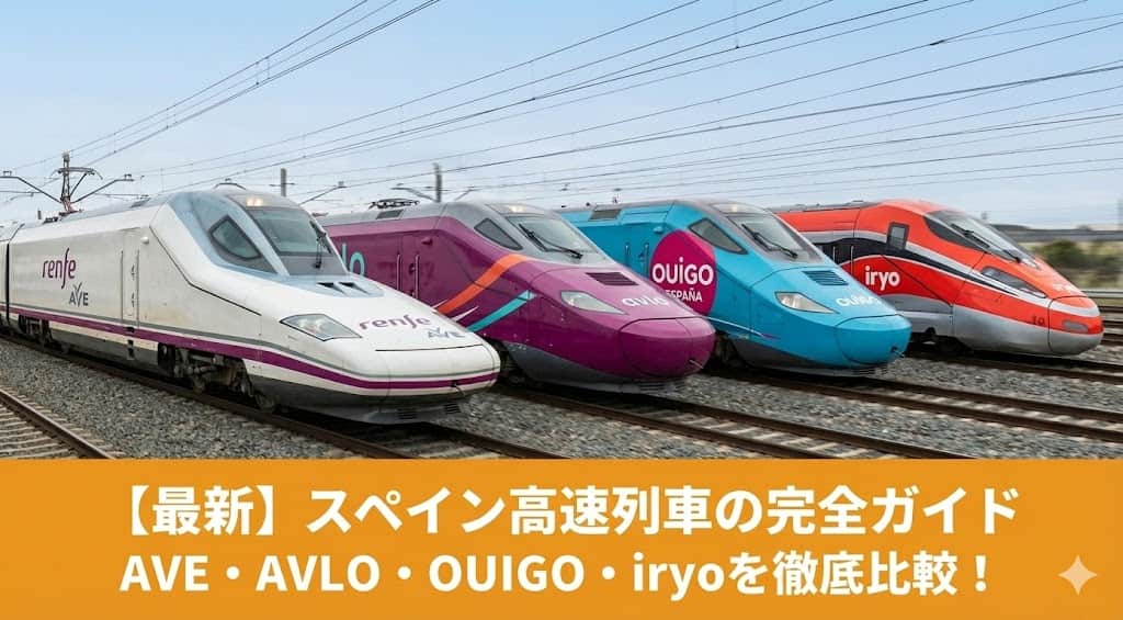 スペイン高速列車の選び方　アブロ／アベ／ウイゴ／イリオ比較と4社の車両が並ぶアイキャッチ画像