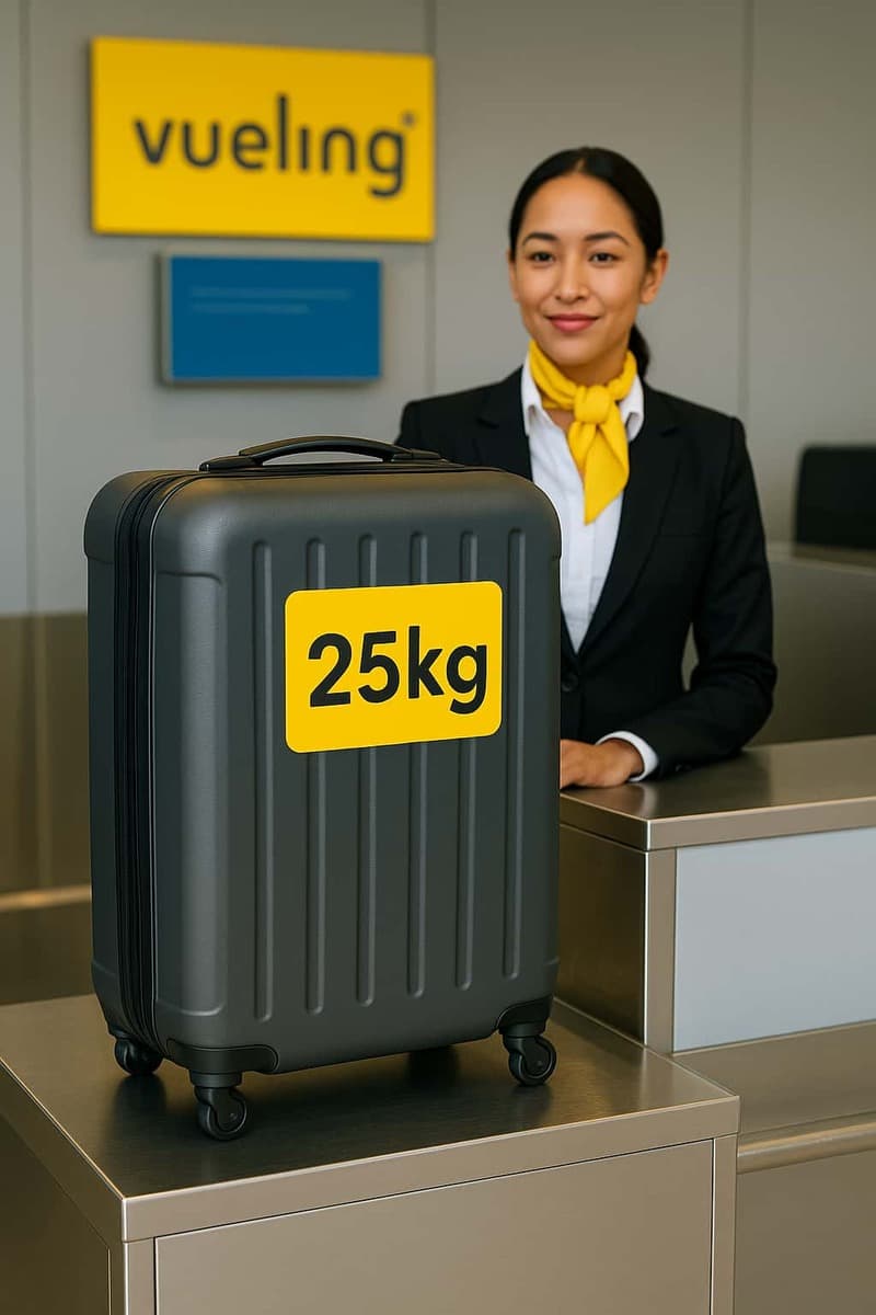 ブエリング航空のチェックインカウンターで、25kgの受託手荷物スーツケースを預ける場面を示す画像