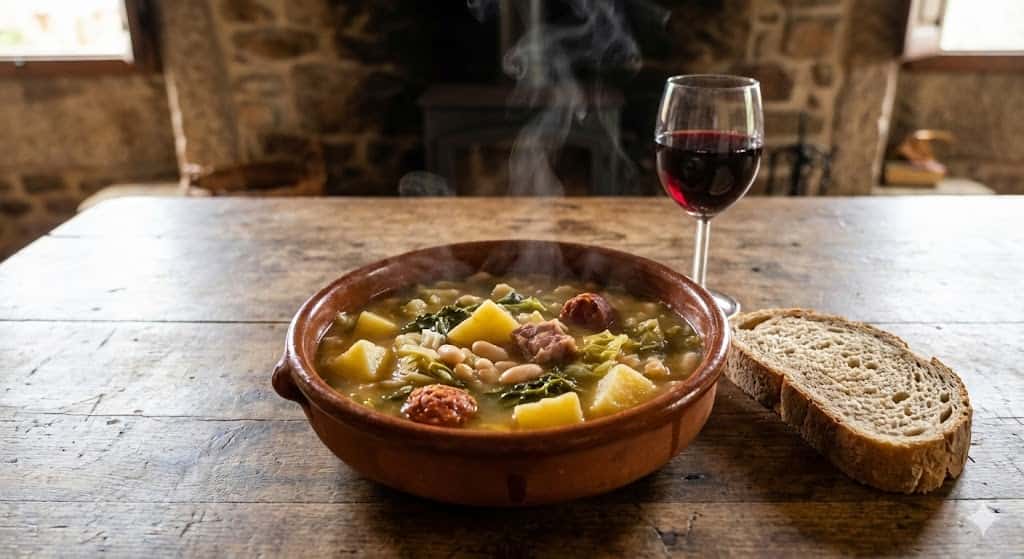 あったかいカルド・ガジェゴ、ワイン、パンが並んでいる画像