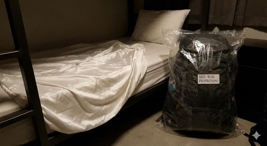 「コクーンのシーツ」や「ゴミ袋に入れたザック」（トコジラミ対策