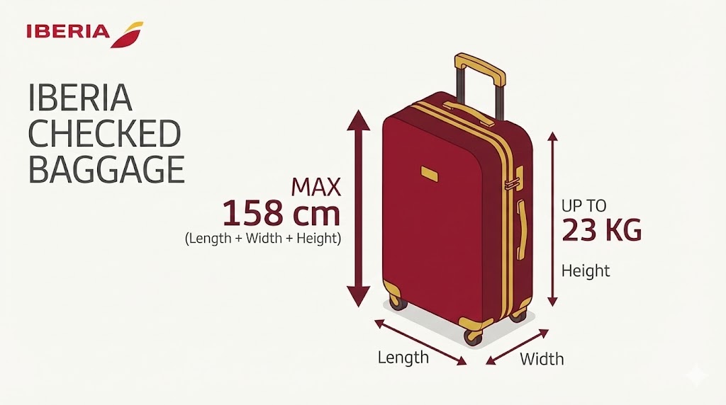 イベリア航空の受託手荷物サイズ（158cm以内）のイメージとスーツケース例