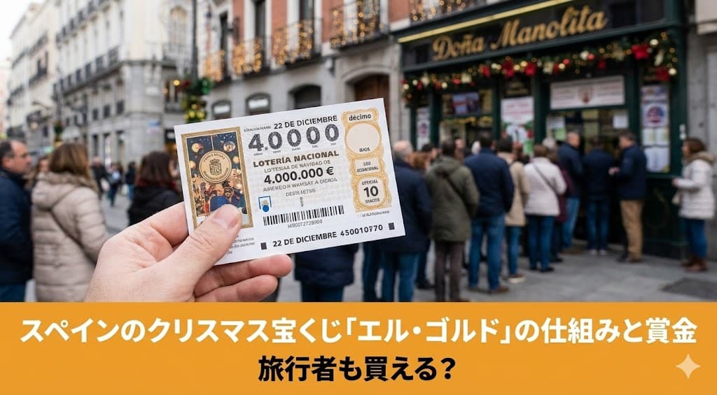 スペインのクリスマス宝くじを買い求める人の行列と宝くじを持つ人の手