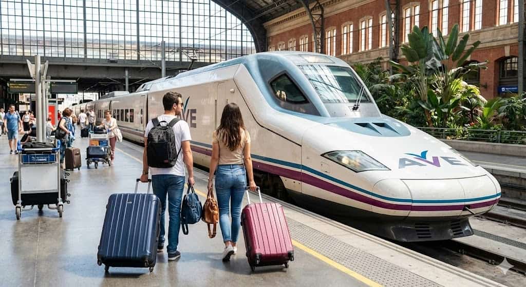 スペイン高速鉄道AVEとスーツケースを持つ旅行者(荷物が多い人向けの移動方法)