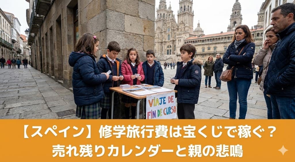 サンティアゴ・デ・コンポステラの街角で修学旅行の費用を稼ぐためにグッズ販売をするスペインの小学生