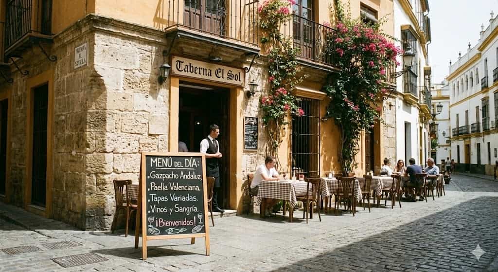 スペインのレストラン外観とメニュー看板