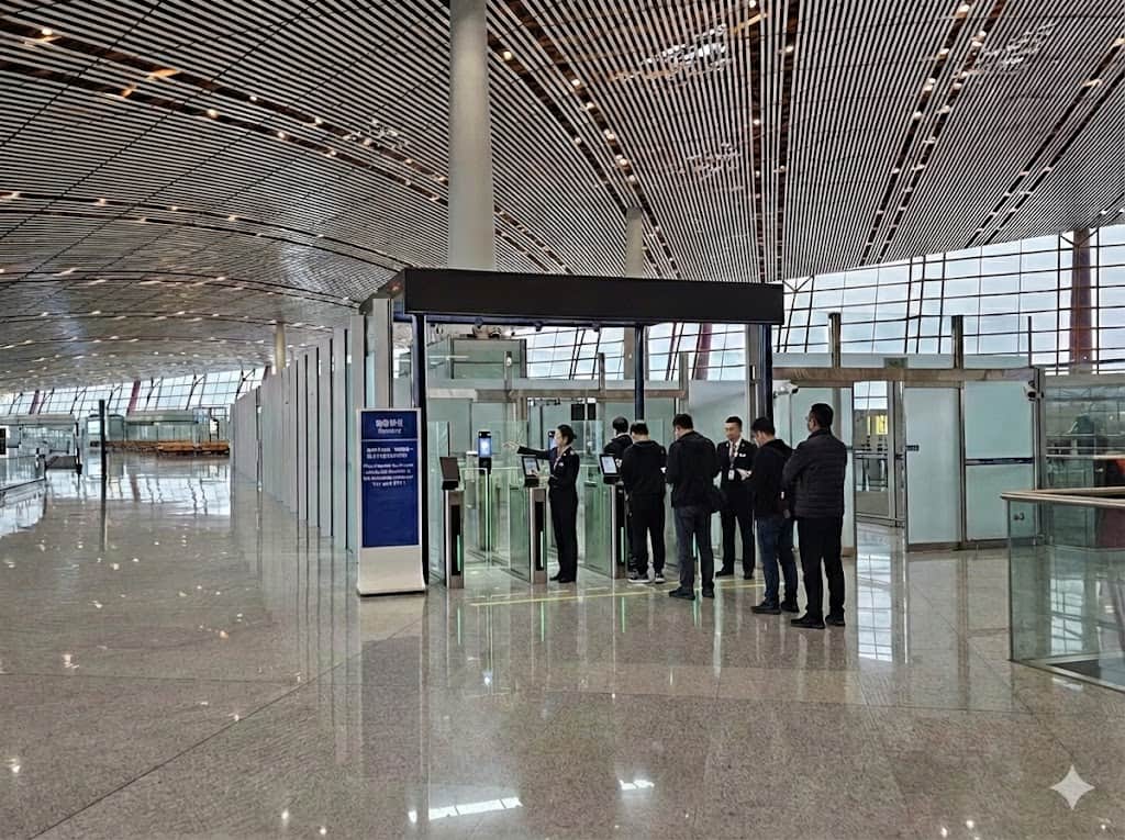 広大で無機質な北京空港の通路沿いにある乗り継ぎ客が通るパスポートやチケットチェックポイント