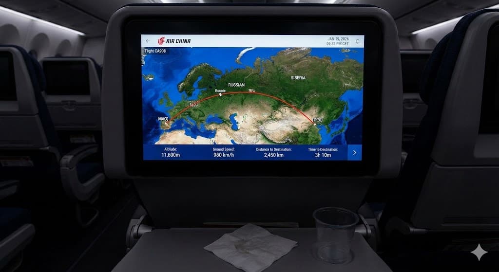 マドリードから北京へ、ロシア上空を直線で結んでいるルートがわかる座席モニターのマップ画面