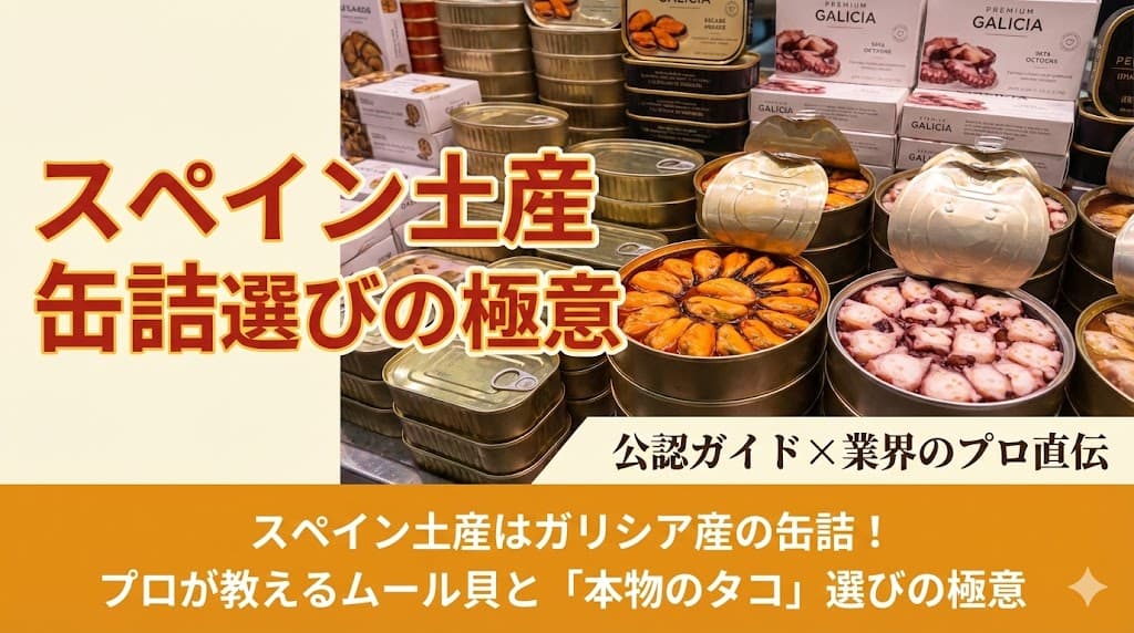 スペイン・サンティアゴの市場に並ぶ高品質なムール貝とタコの缶詰。ガリシア産の伝統的なエスカベチェソースのラベルと、本物のタコ（Pulpo）の見分け方を解説。