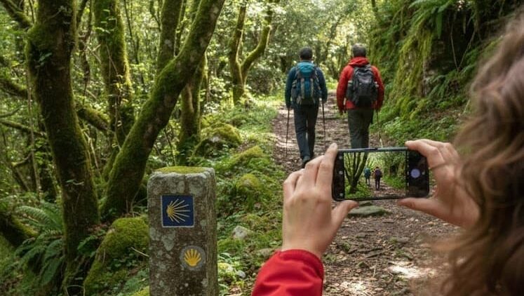 サンティアゴ巡礼者を撮影する、赤いジャケットを着た公認ガイドいつこの後ろ姿