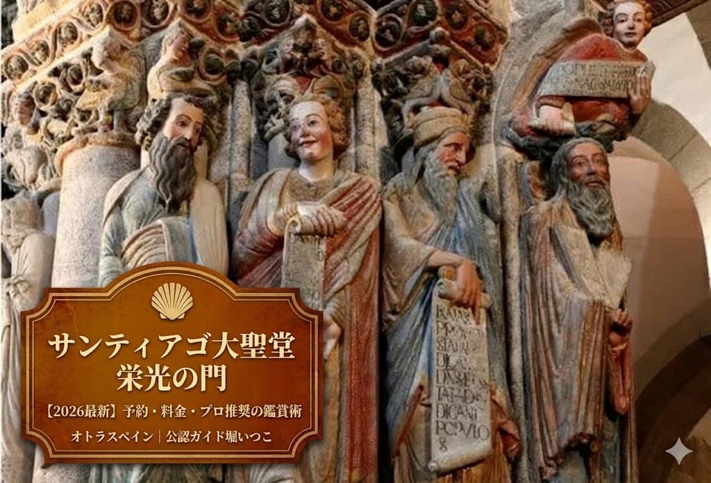 サンティアゴ・デ・コンポステーラ大聖堂の「栄光の門」に刻まれた、マエストロ・マテオによる色彩豊かなロマネスク彫刻。左下にはブランドカラーのラベルで「サンティアゴ大聖堂 栄光の門｜2026年最新 予約・見学ガイド」と記されており、専門知識を伝える記事であることを示している