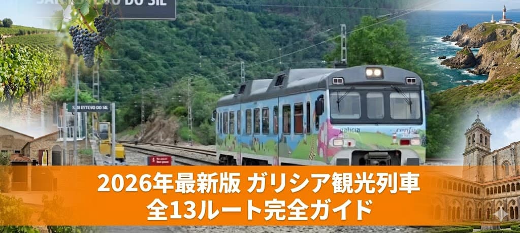2026年度のガリシア観光列車ツアーのイメージ画像。絶景の沿岸部を走る列車と「2026年最新版 ガリシア観光列車完全ガイド」の文字。