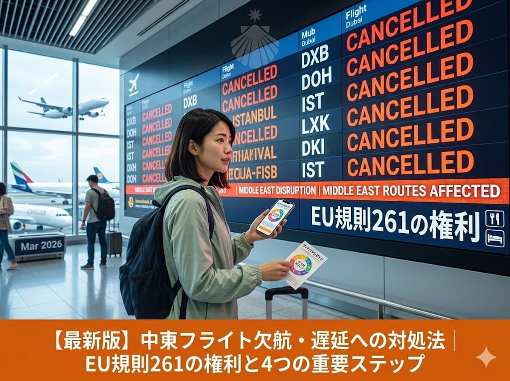 中東フライトキャンセル・遅延時のEU規則261旅客権利を解説するブログ記事のアイキャッチ画像。2026年3月の空港ターミナルで、巨大なフライト掲示板に「CANCELLED」と大きく表示された中東方面の便（DXB, DOH, IST）が映る。日本人女性旅行者がリュックを背負っている。