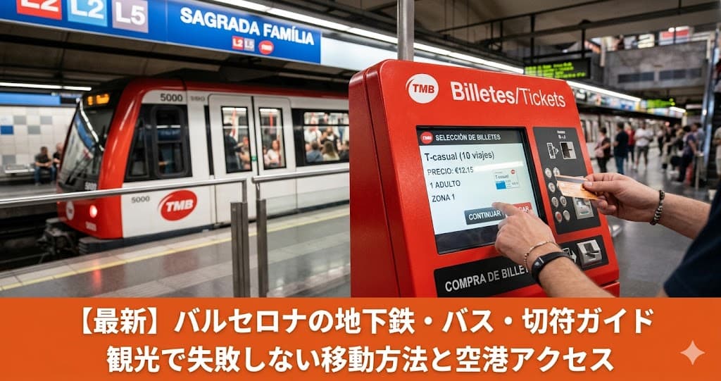 バルセロナの地下鉄駅でTMB券売機を操作する手。画面にはT-casualの購入画面が表示されており、背景には赤い地下鉄車両とSagrada Familia駅の表示が見える。