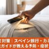 スペインのホテルやカミーノ巡礼のアルベルゲでトコジラミ被害を防ぐためにマットレスを確認する旅行者の手元