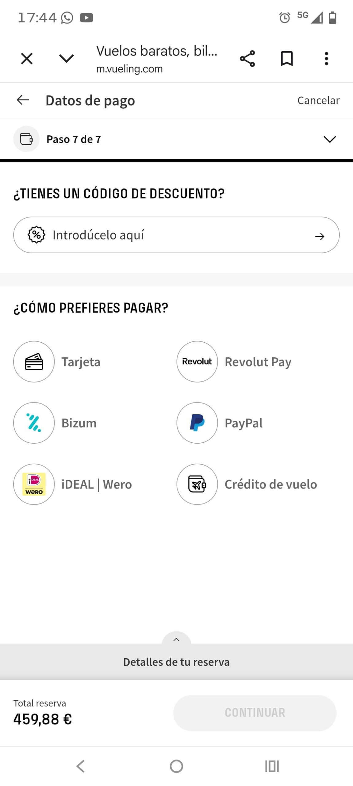 Vueling 支払い画面
