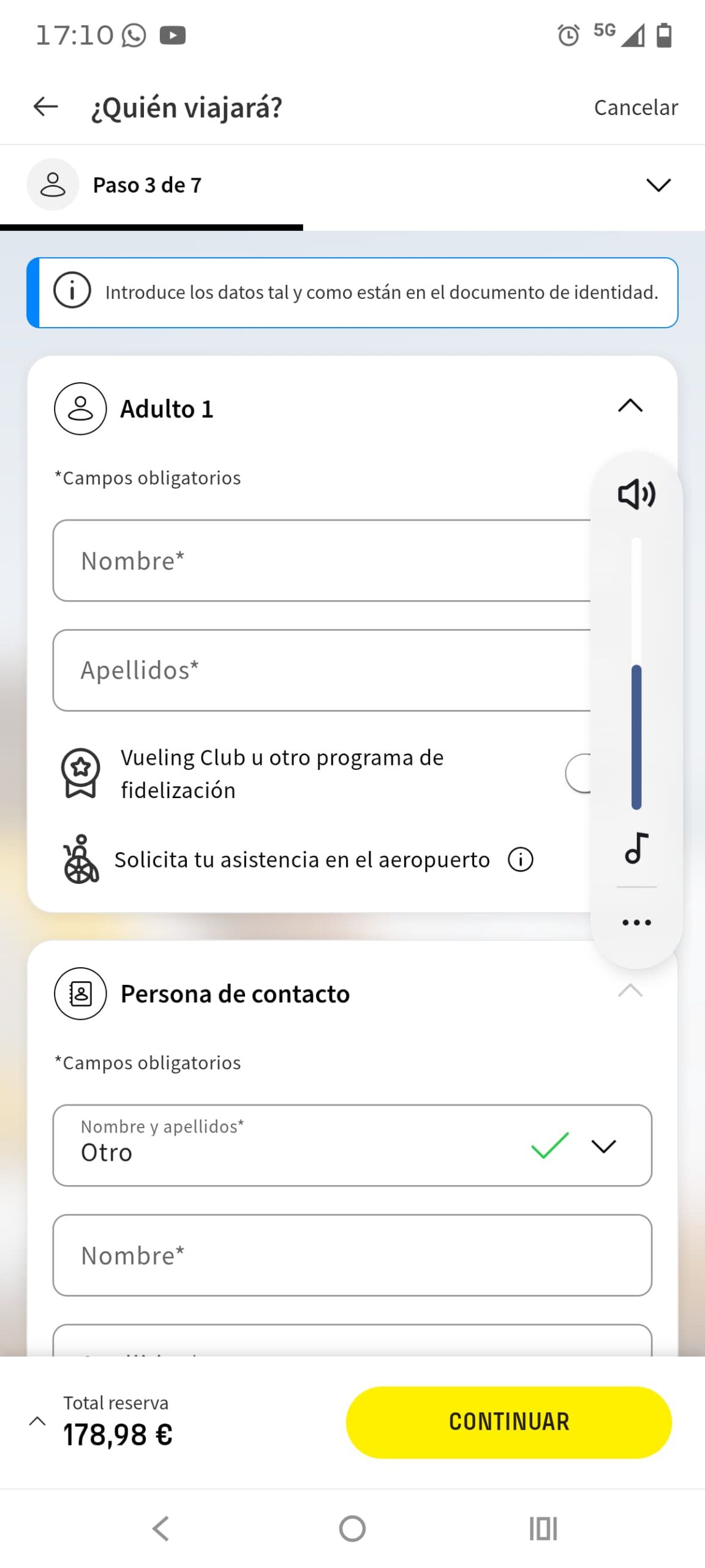 Vueling 搭乗者情報入力画面の例