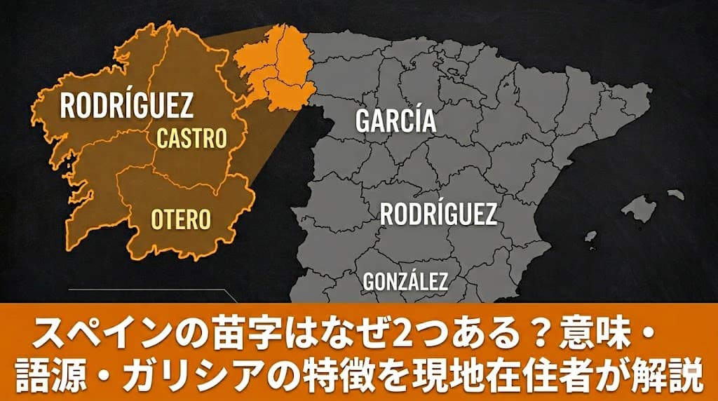 スペインの地図で地域ごとに多い苗字を示した図。ガリシア地方にはRodríguez、Castro、Oteroが多く、スペイン全体ではGarcía、Rodríguez、Gonzálezが上位を占める。