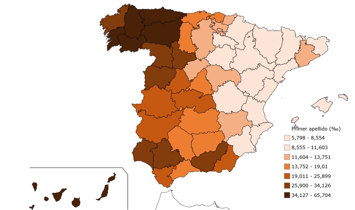 スペイン国立統計局(INE)によるRodríguezの地域分布地図。ガリシア地方が最も濃い色で示されており、全国で最も集中していることがわかる。