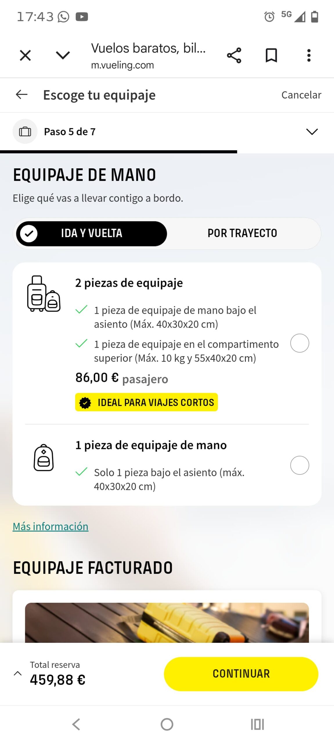 Vueling 手荷物選択画面