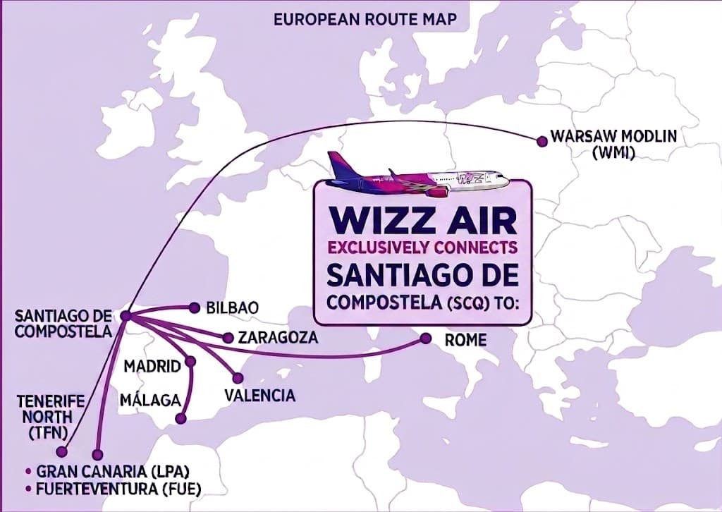 Wizz Air新規就航路線マップ サンティアゴ・デ・コンポステーラ発着(ワルシャワ・ローマ・国内8都市)